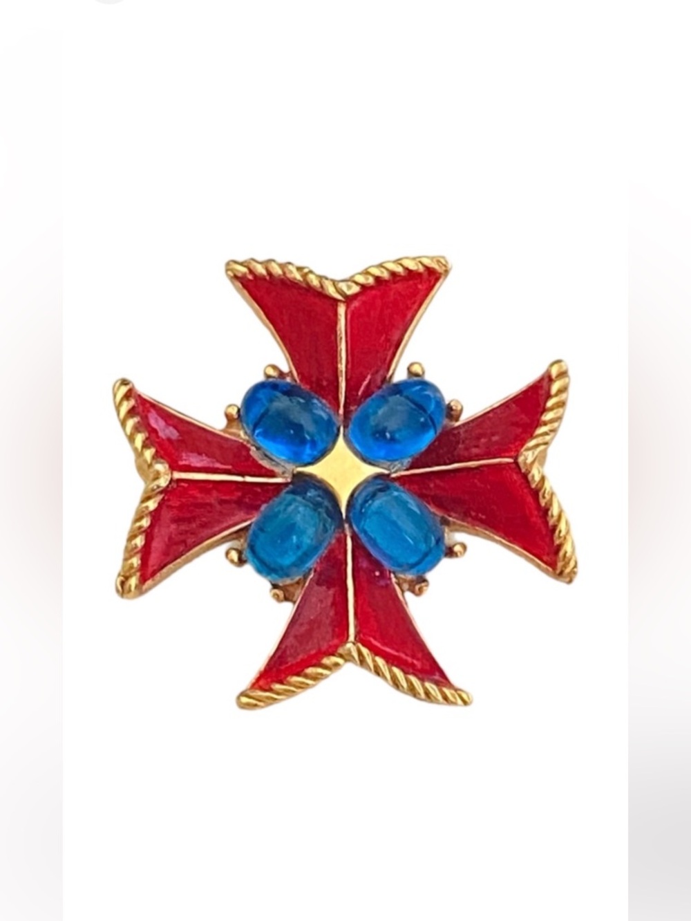 Trifari • Maltese Cross Brooch Sapphire Gripoix Cabochon Red Enamel Gold Tone - Picture 1 of 7
